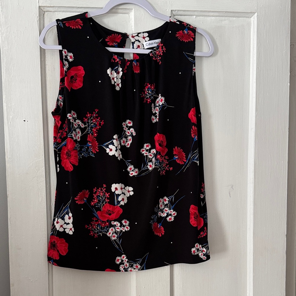 Calvin Klein Black Top with Red and White Floral Design